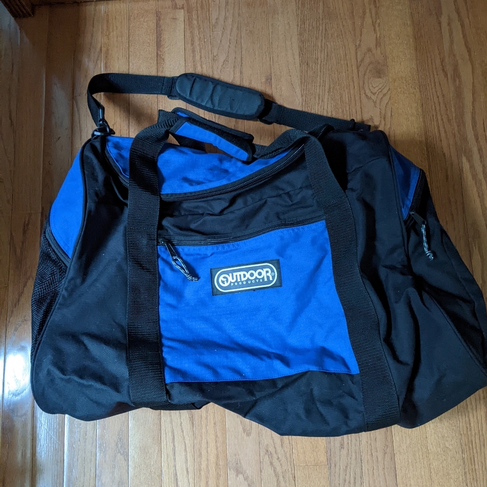 Vtg Outdoor Products Blue and Black Sports Duffle Travel Bag w Handles and Strap